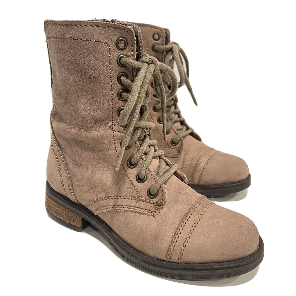 Steve Madden Women's Tropa 2.0 Military Combat Boots Taupe Leather Cap Toe